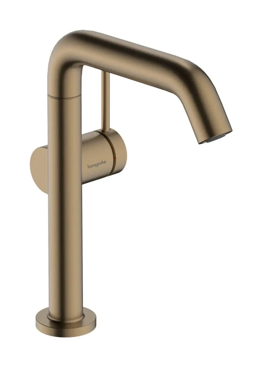 Ein einhebeliger Waschtischmischer in gebürstetem Bronze-Finish von Hansgrohe mit schwenkbarem Auslauf und Push-Open Ablaufgarnitur.